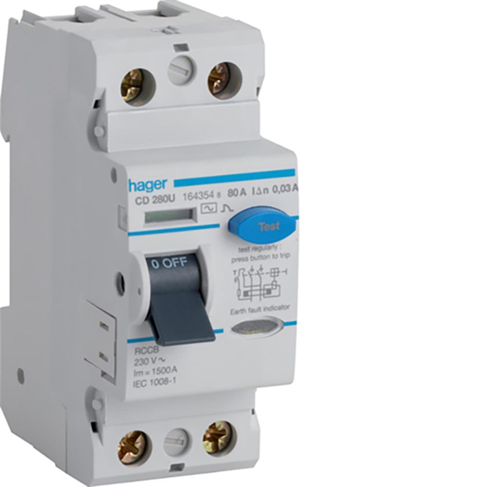 Hager CD280U 2P 80A 30mA AC Class RCCB