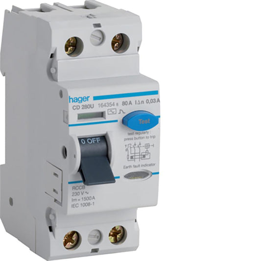 Hager CD280U 2P 80A 30mA AC Class RCCB