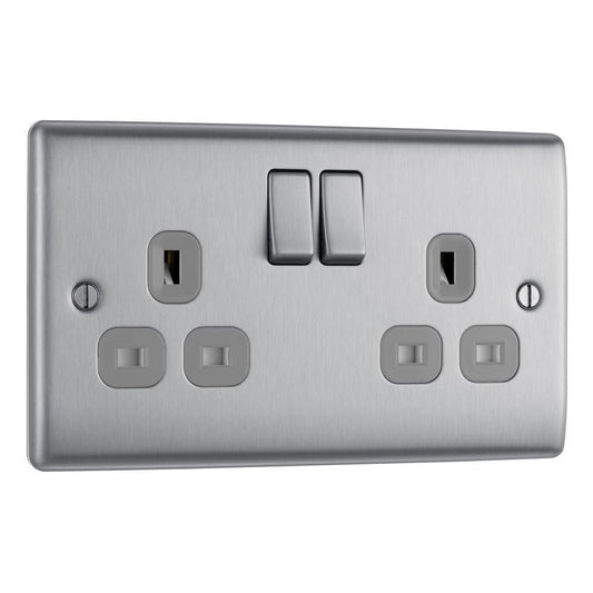 BG Brushed Steel 13A Double Socket - NBS22G