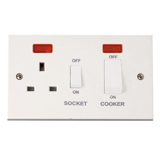 Click Polar 45A 2 Gang Dp Switch with 13A Dp Switched Socket, White Rockers & Neons