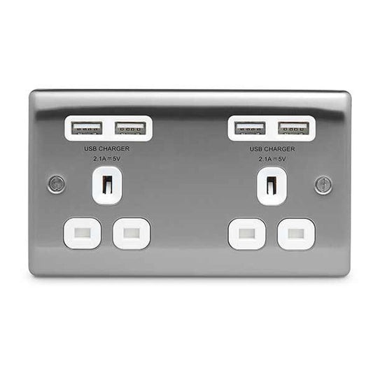 BG Brushed Steel 13A Double Socket + USB (4 Port 4.2A) - NBS24U44W