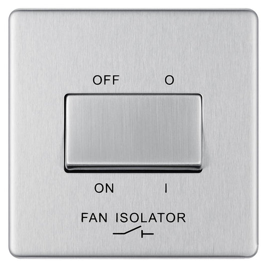 Bg Brushed Steel 10AX Plate Switch Fan Isolator 3 Pole - Screwless Flatplate