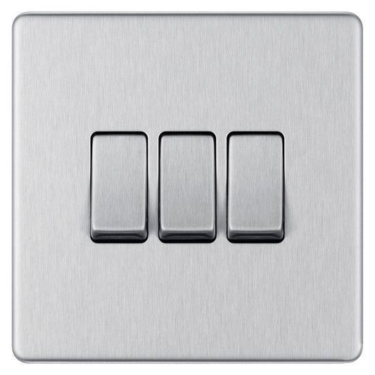 Bg Brushed Steel 10AX 3 Gang 2 Way Plate Switch - Screwless Flatplate