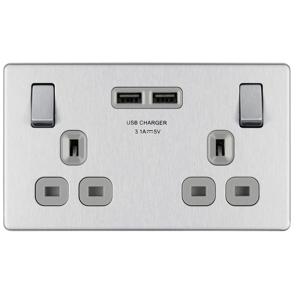 Bg Brushed Steel 13A 2 Gang Switched Socket + USB - Screwless Flatplate