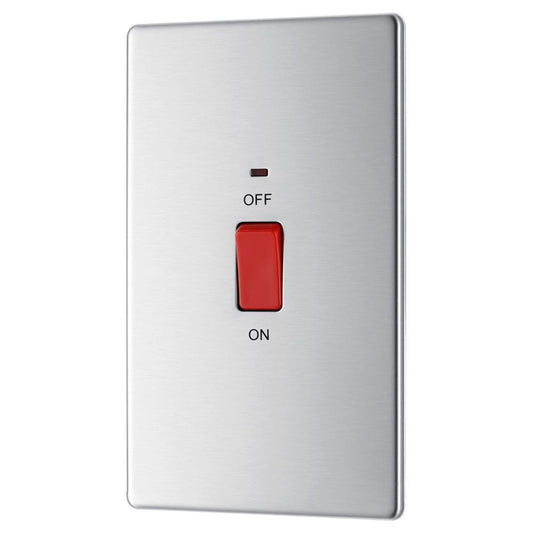 Bg Brushed Steel 45A Double Pole Switch with Indicator Double Plate - Screwless Flatplate