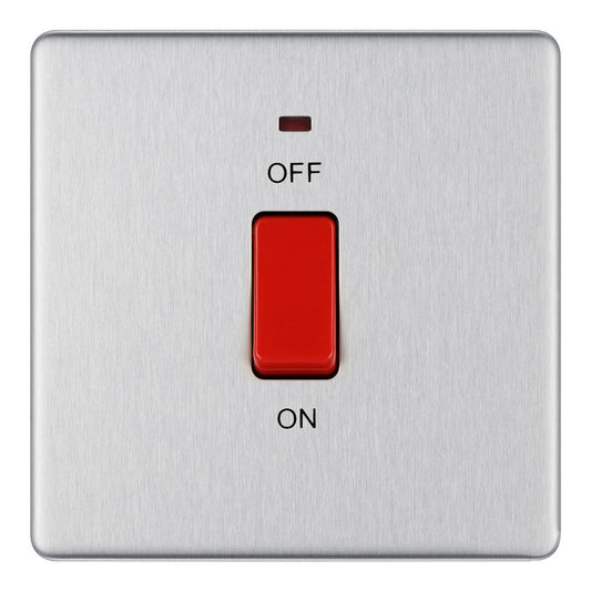 Bg Brushed Steel 45A Double Pole Switch with Indicator Single Plate - Screwless Flatplate