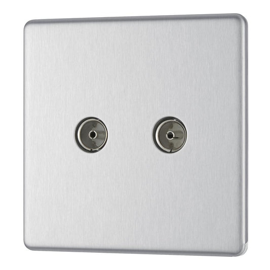 Bg Brushed Steel 2 Gang Coaxial Socket - Screwless Flatplate