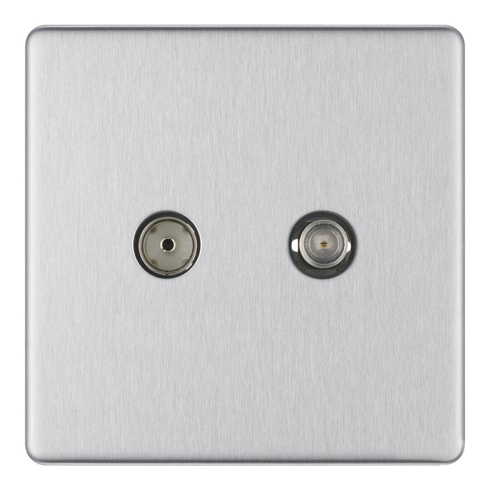 Bg Brushed Steel 2 Gang - Satellite and Coaxial Socket - Screwless Flatplate