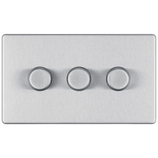 Bg Brushed Steel 400W 3 Gang 2 Way Push Dimmer - Screwless Flatplate