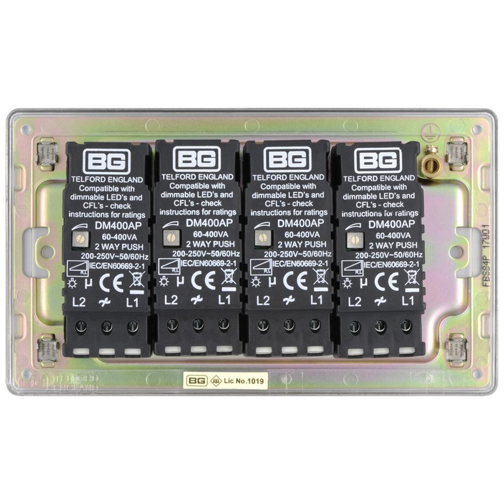 Bg Brushed Steel 400W 4 Gang 2 Way Push Dimmer - Screwless Flatplate