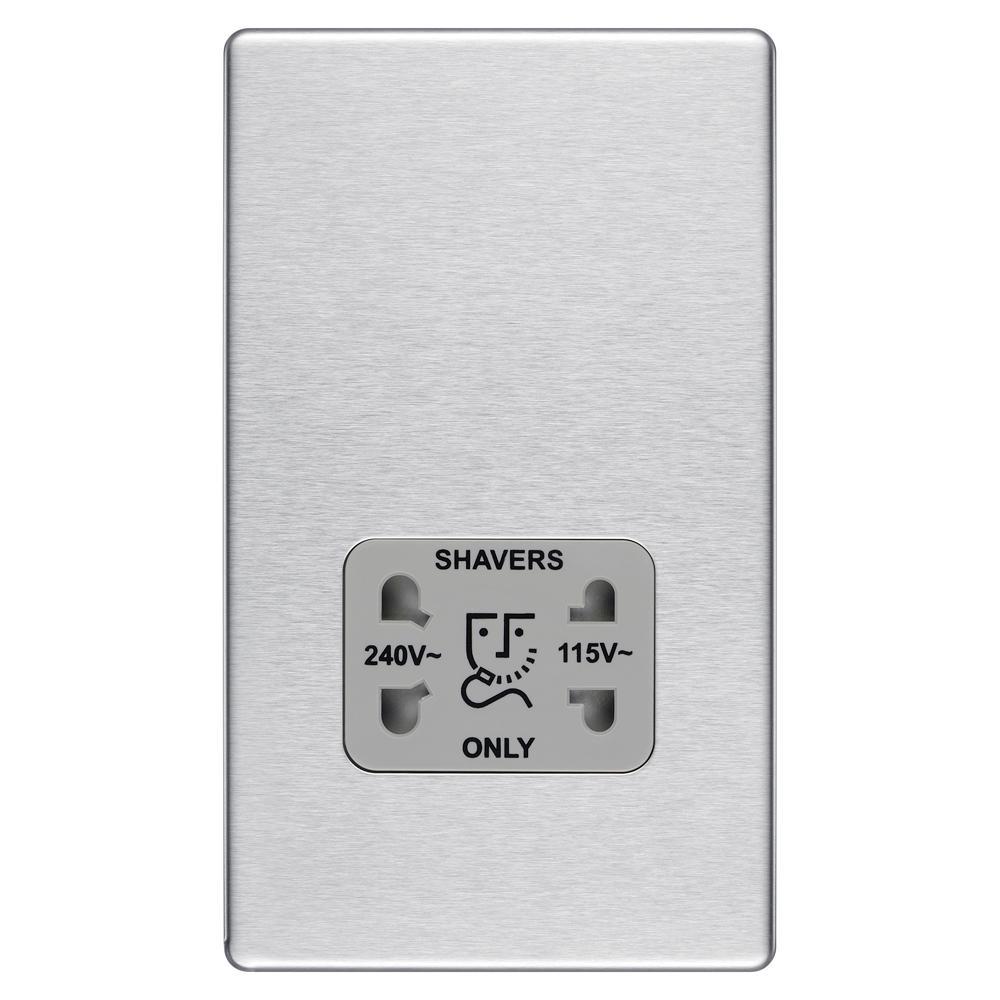 Bg Brushed Steel Shaver Socket 115/230V Dual Volt Grey Surround - Screwless Flatplate