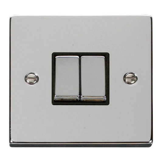 Click Deco VPCH412BK 10AX Ingot 2 Gang 2 Way Plate Switch - Black - Polished Chrome