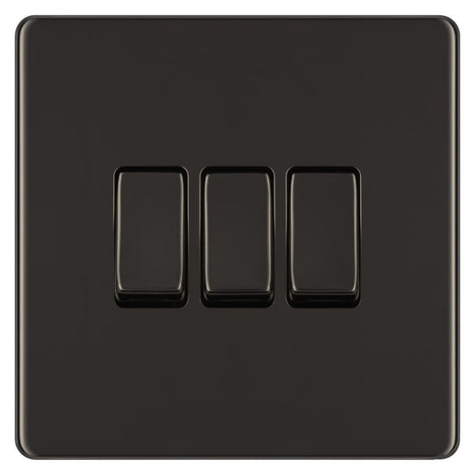 BG FBN43 10AX 3 Gang 2 Way Plate Switch - Screwless Flatplate - Black Nickel