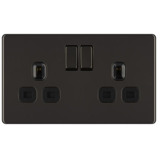 BG FBN22B 13A 2 Gang Double Pole Switched Socket - Screwless Flatplate - Black Nickel