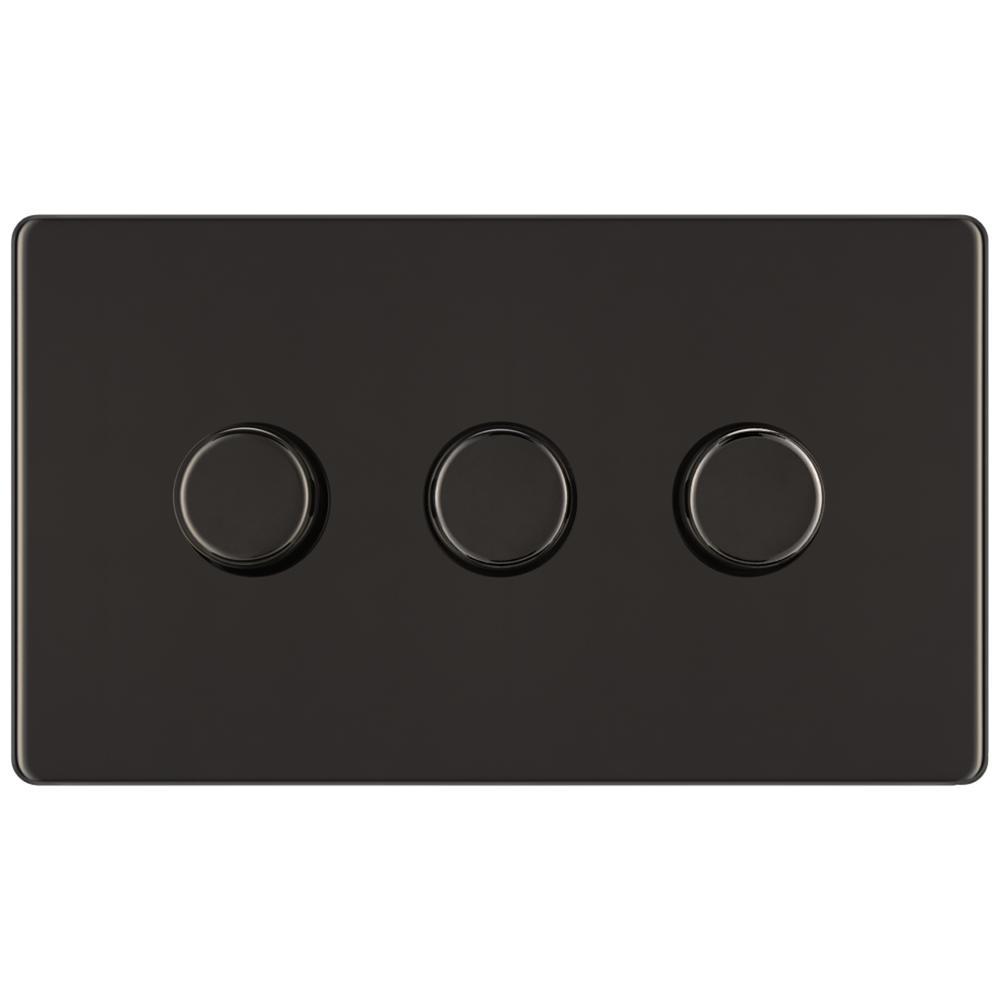 BG FBN83P 400W 3 Gang 2 Way Push Dimmer - Screwless Flatplate - Black Nickel