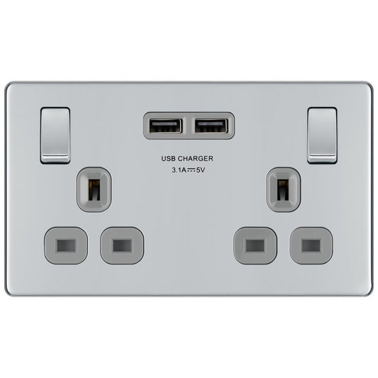 BG FPC22U3G 13A 2 Gang Switched Socket + USB - Screwless Flatplate - Polished Chrome