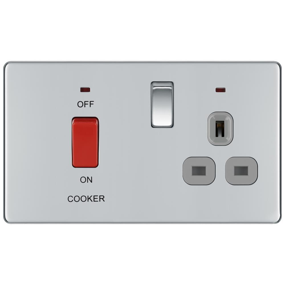 BG FPC70G 45A Cooker Connection Unit Switched Socket with Power Indicator Grey Surround - Screwless Flatplate - Polished Chrome