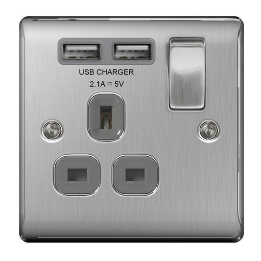 BG Brushed Steel 13A Single Socket + USB - NBS21U2G