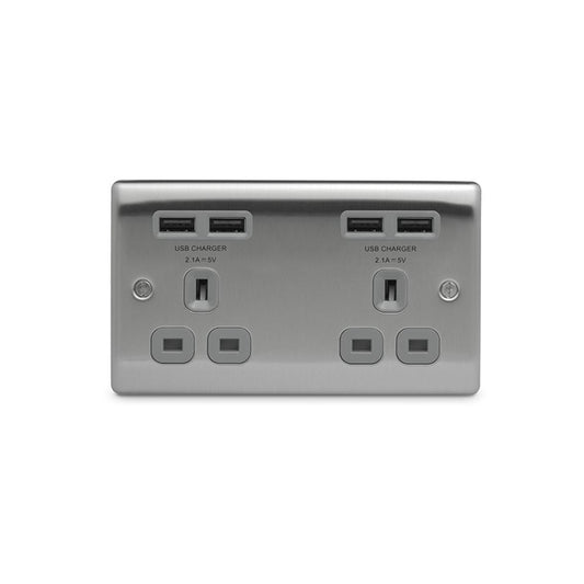 BG Brushed Steel 13A Double Socket + USB (4 Port 4.2A) - NBS24U44G