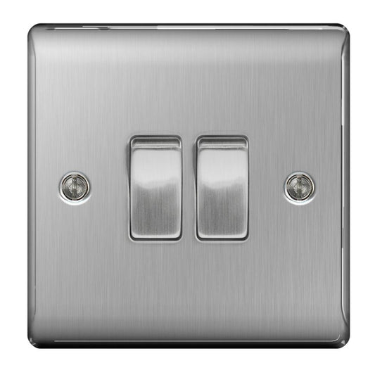 BG Brushed Steel 2 Gang 2 Way Light Switch - NBS42