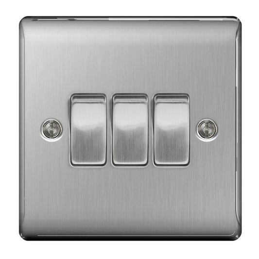 BG Brushed Steel 3 Gang 2 Way Light Switch - NBS43