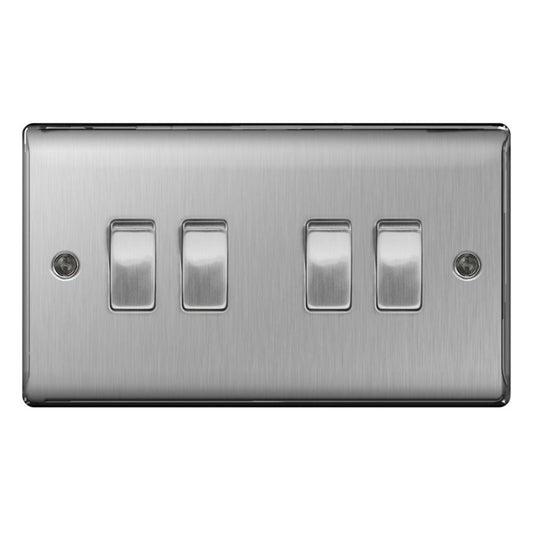 BG Brushed Steel 4 Gang 2 Way Light Switch - NBS44