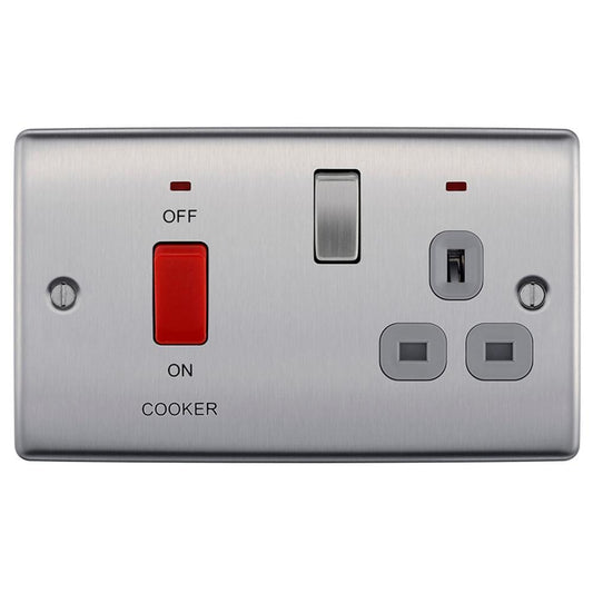 BG Brushed Steel 45A Cooker Connection Unit With Socket - NBS70G