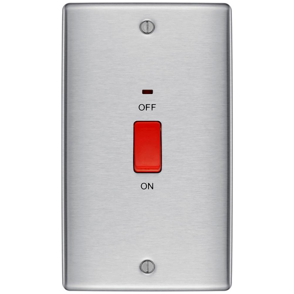 BG Brushed Steel 45A Double Pole Switch With Indicator Double Plate