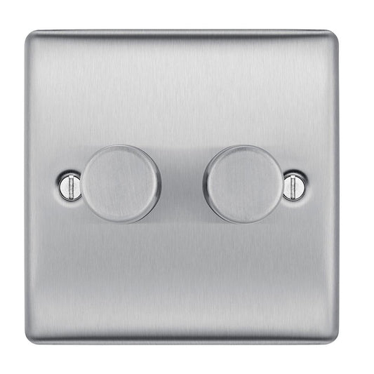 BG Brushed Steel 400W 2 Gang 2 Way Push Dimmer Switch - NBS82P