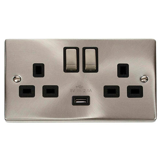 Click Satin Chrome 13A 2 Gang Double USB Socket - VPSC770BK