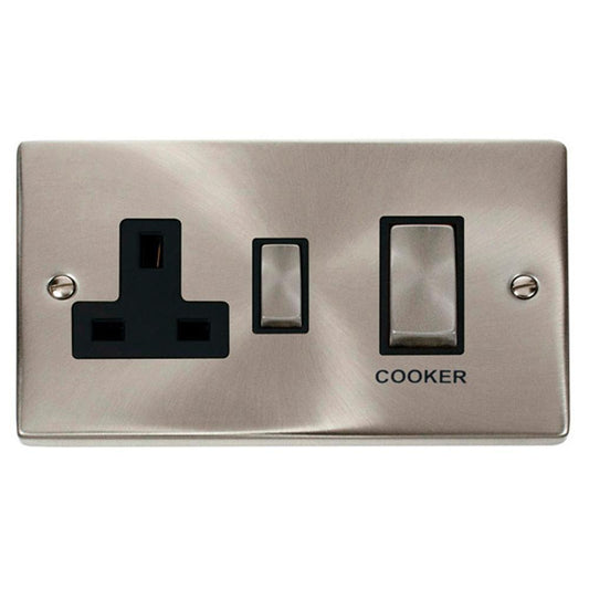 Click Satin Chrome 2 Gang 45A Double Pole Switch With 13A Socket - VPSC504BK