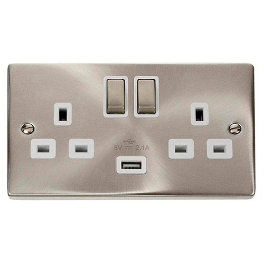 Click Satin Chrome 13A 2 Gang Double USB Socket - VPSC770WH