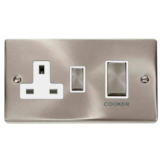 Click Satin Chrome 2 Gang 45A Double Pole Switch With 13A Socket - VPSC504WH