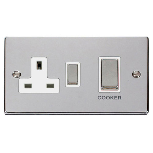 Click Polished Chrome 2 Gang 45A Double Pole Switch With 13A Socket - VPCH504WH