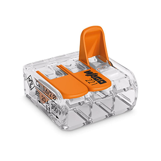 Wago 221-413 3 Way Compact Lever Connector - Clear/Orange - Box of 50