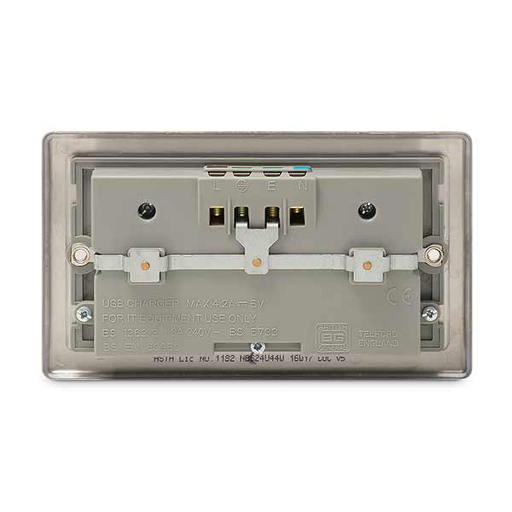 BG Brushed Steel 13A Double Socket + USB (4 Port 4.2A) - NBS24U44W