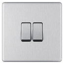 Bg Brushed Steel 10AX 2 Gang 2 Way Plate Switch - Screwless Flatplate