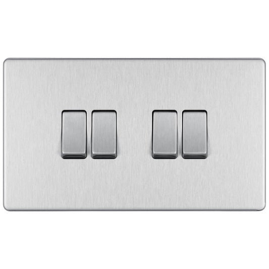 Bg Brushed Steel 10AX 4 Gang 2 Way Plate Switch - Screwless Flatplate