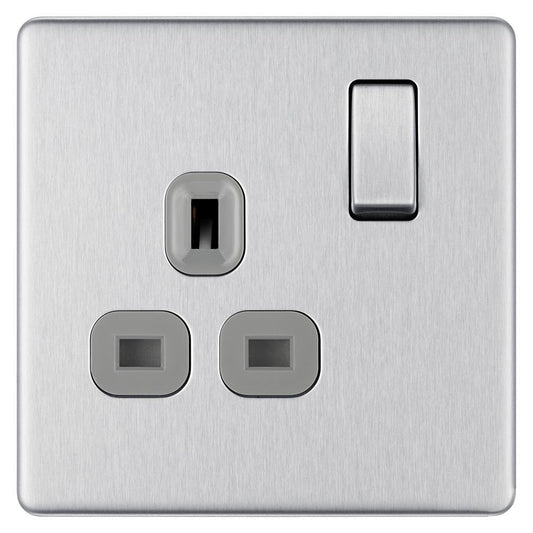 Bg Brushed Steel 13A 1 Gang Double Pole Switched Socket Grey Surround - Screwless Flatplate