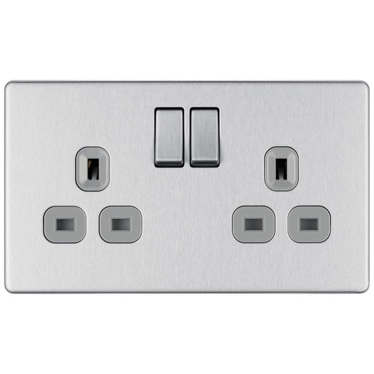 Bg Brushed Steel 13A 2 Gang Double Pole Switched Socket - Screwless Flatplate
