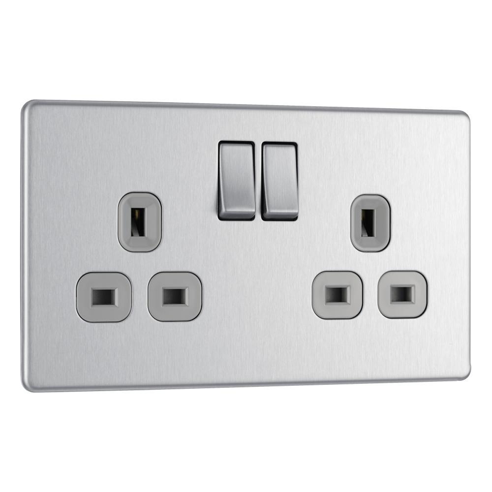 Bg Brushed Steel 13A 2 Gang Double Pole Switched Socket - Screwless Flatplate