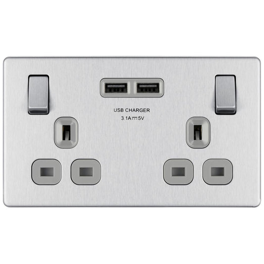 Bg Brushed Steel 13A 2 Gang Switched Socket + USB - Screwless Flatplate