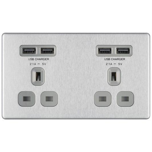 Bg Brushed Steel 13A 2 Gang Unswitched Socket + USB (4 Port 42A) - Grey - Screwless Flatplate