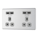 Bg Brushed Steel 13A 2 Gang Unswitched Socket + USB (4 Port 42A) - Grey - Screwless Flatplate