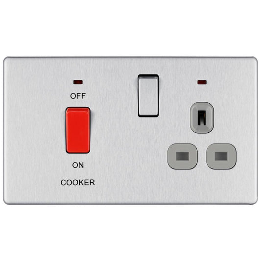 Bg Brushed Steel 45A Cooker Connection Unit Switched Socket with Power Indicator Grey Surround - Screwless Flatplate