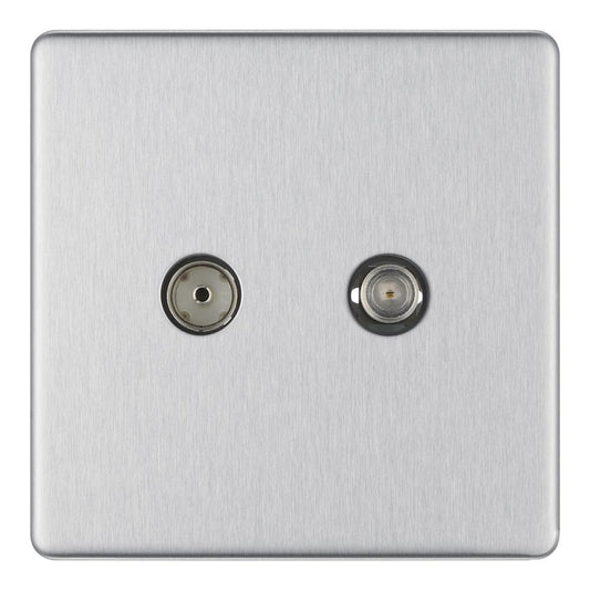 Bg Brushed Steel 2 Gang - Satellite and Coaxial Socket - Screwless Flatplate