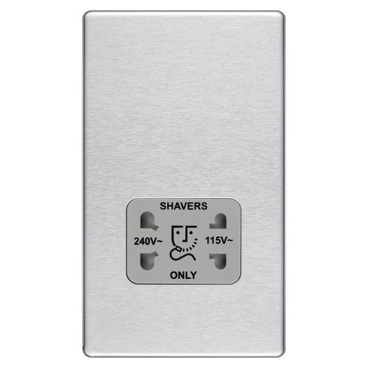 Bg Brushed Steel Shaver Socket 115/230V Dual Volt Grey Surround - Screwless Flatplate