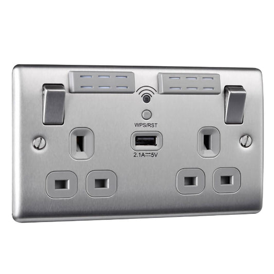 BG Brushed Steel 13A Wifi Socket With USB - NBS22UWRG