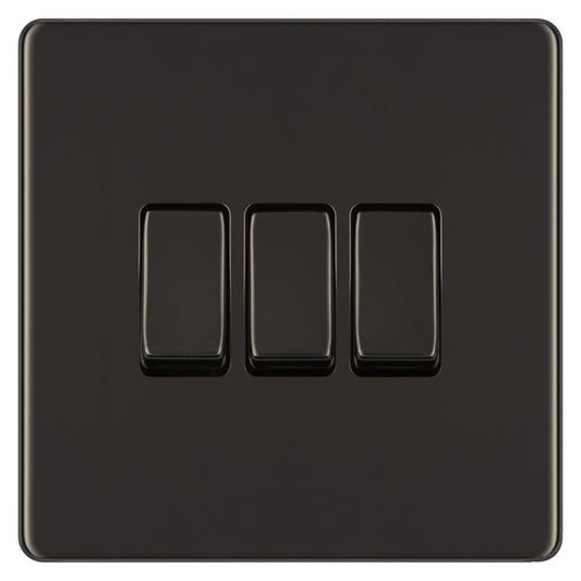 BG FBN43 10AX 3 Gang 2 Way Plate Switch - Screwless Flatplate - Black Nickel