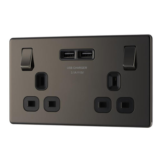 BG FBN22U3B 13A 2 Gang Switched Socket + USB - Screwless Flatplate - Black Nickel